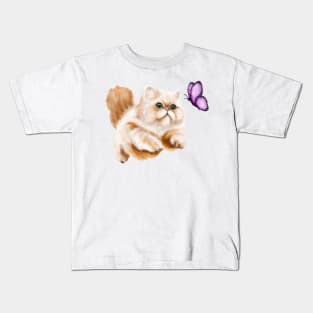 Fluffy cat chasing a butterfly Kids T-Shirt